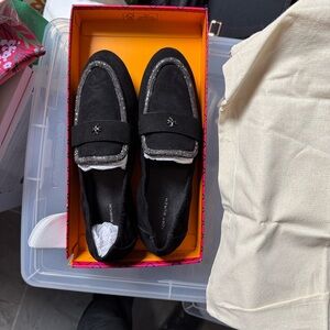 Tory Burch Black Suede Ballet Loafers with Shimmery Crystal Chip Accents